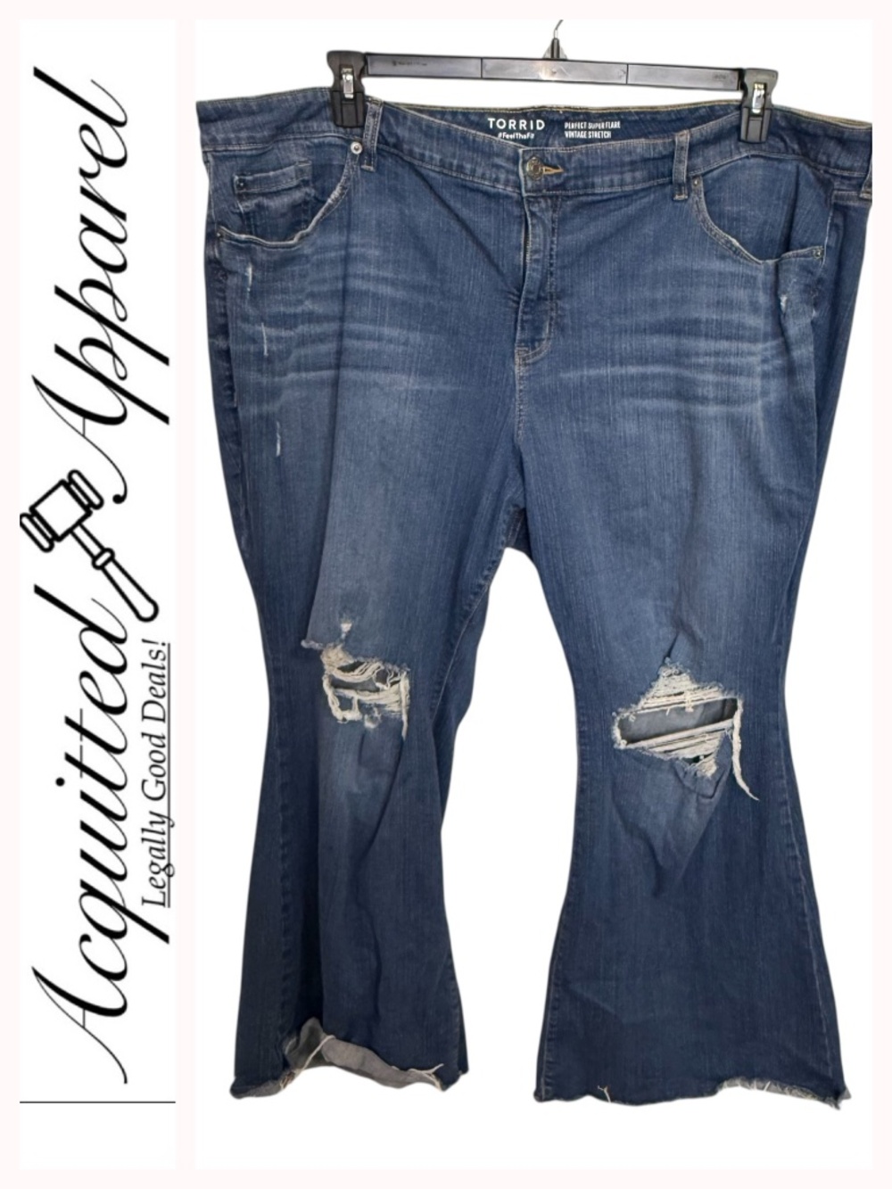 Torrid Dark Whisker Distress Raw Hems Super Flare Vintage Stretch Jeans 28R